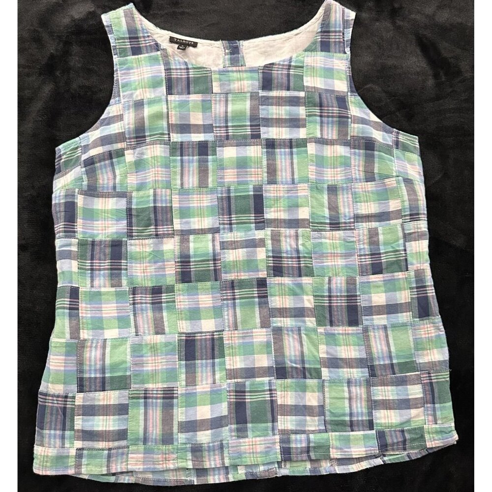 Talbots Madras Plaid Patchwork Shirt Small Sleeveless Blue Green Lined Buttons